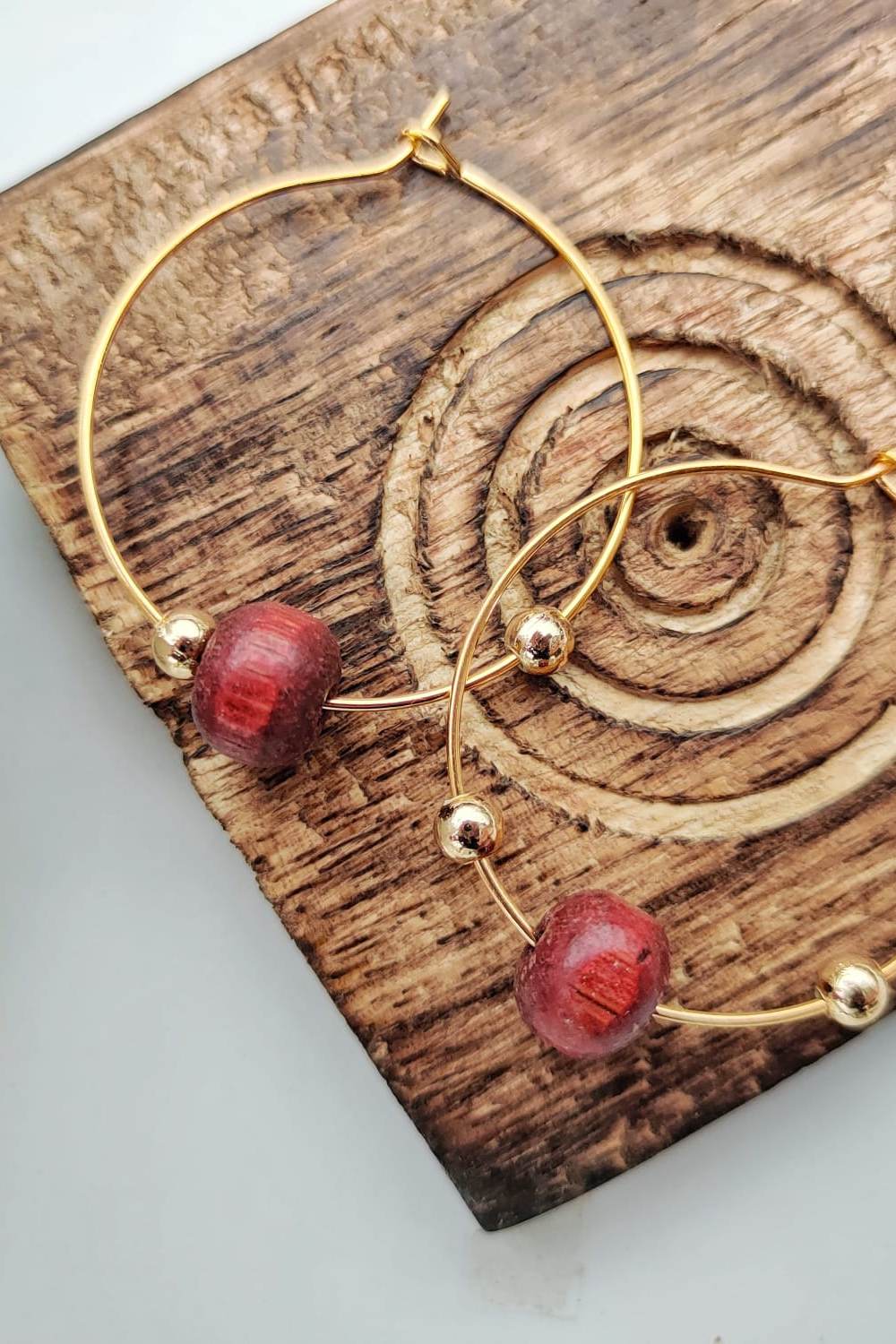 Red Red Sandalwood Beaded Minimalist Dangle Boho Hoop Earrings, Image 1 of 2