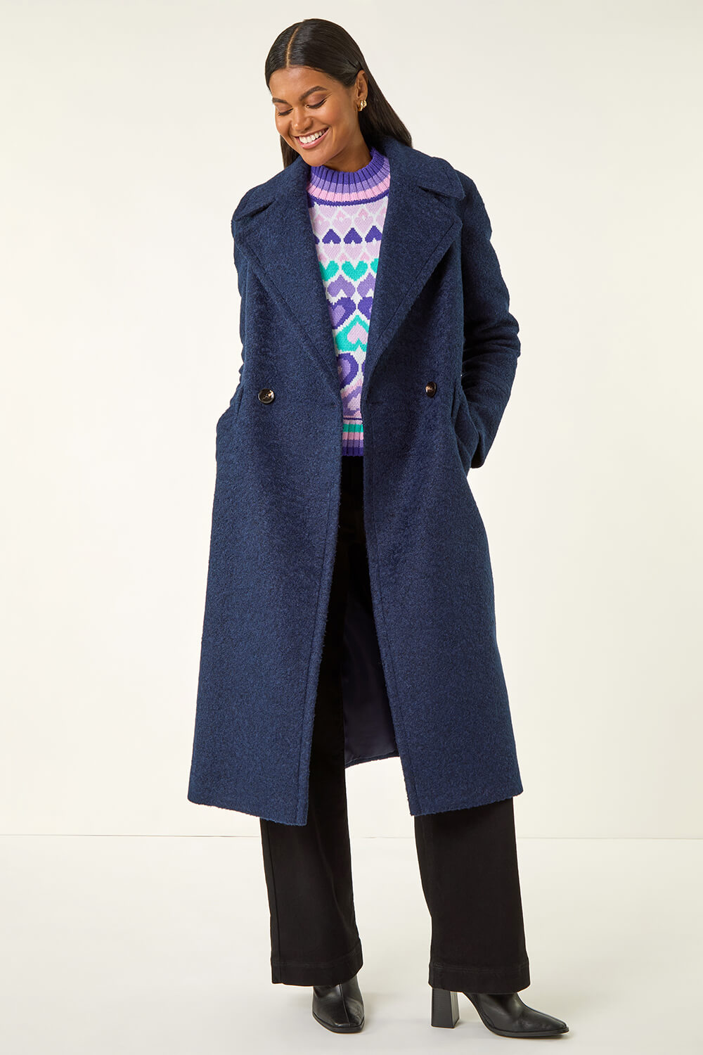 Navy Textured Buttoned Boucle Coat, Image 1 of 5