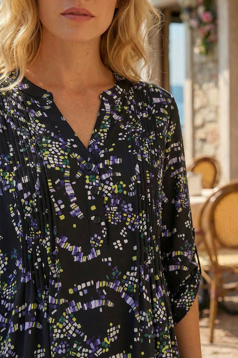 Lime Abstract Print Pintuck Stretch Top, Image 5 of 4