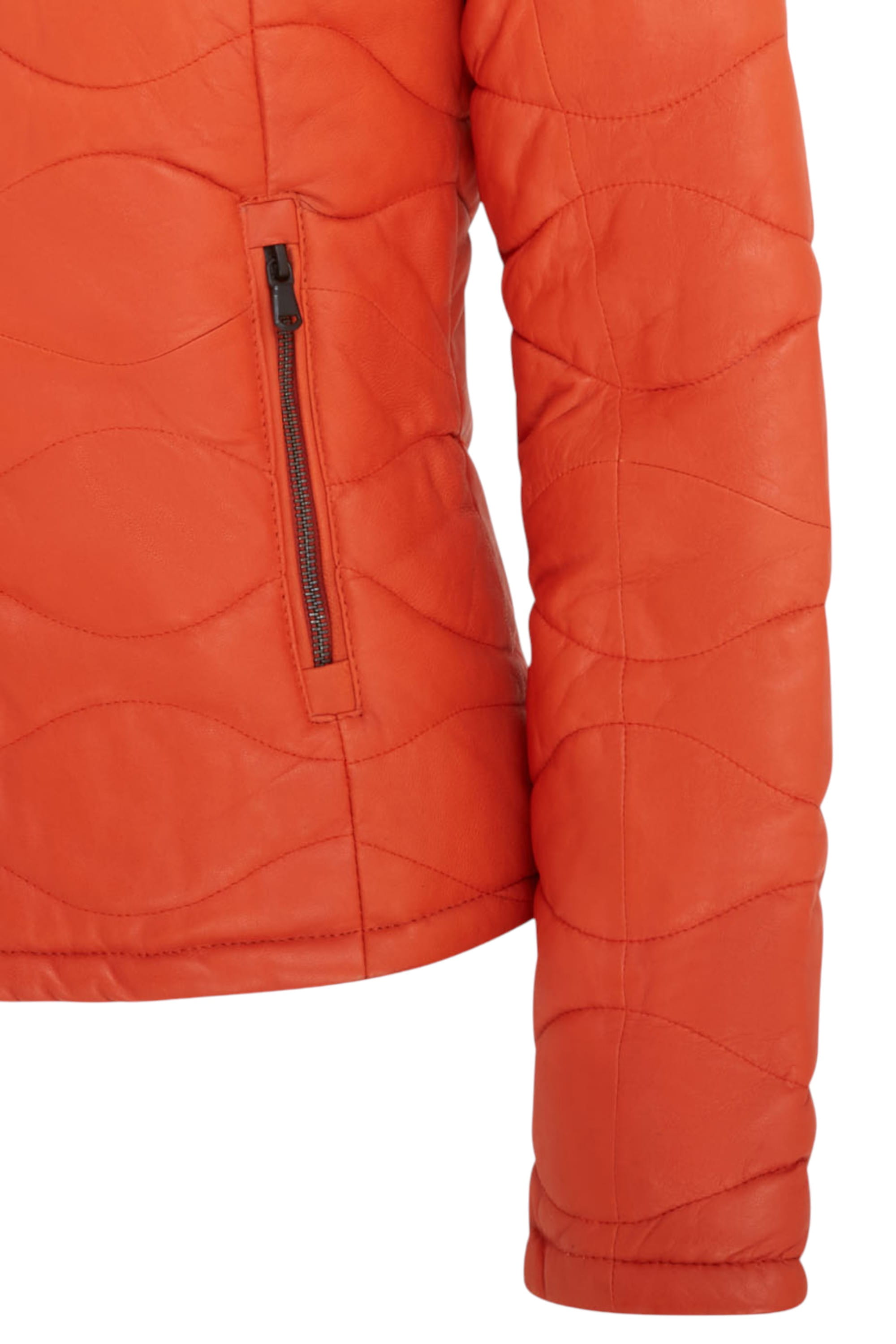 Orange Infinity Leather Orange Puffer Quilted Bomber Leather Jacket, Image 6 of 7