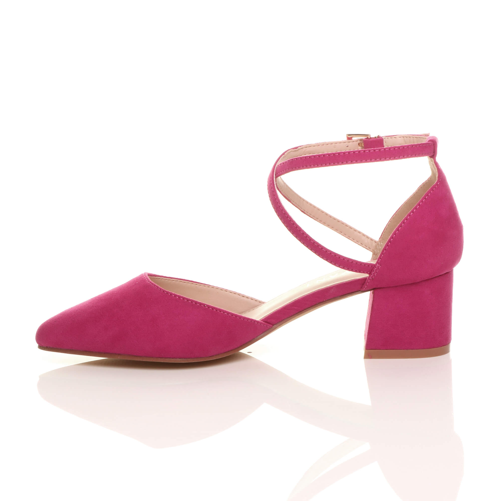 Fuchsia AJVANI Fuchsia Mid Block Heel Crossed Strap Pointed Toe 2 Part Heels, Image 3 of 6