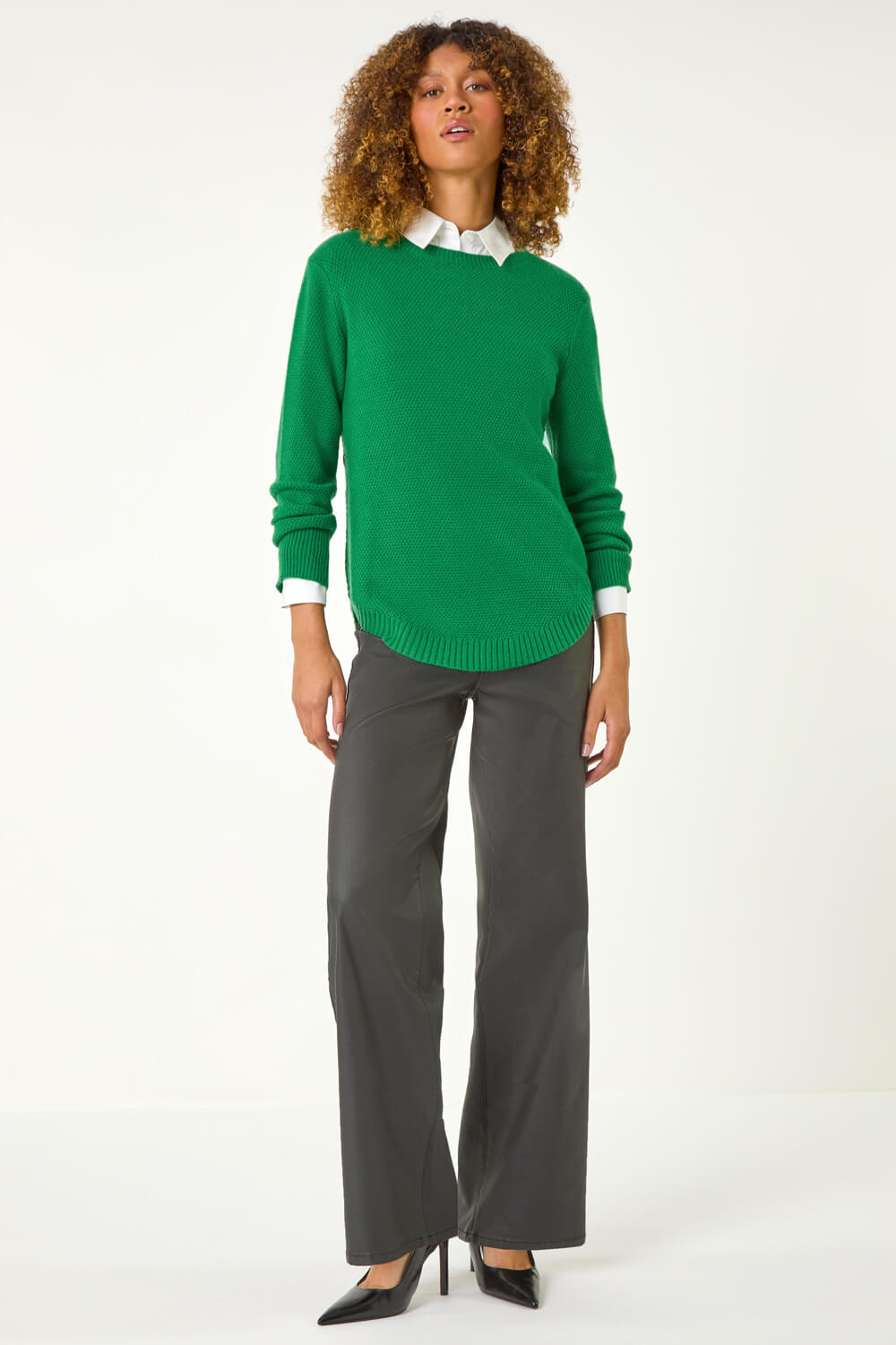 Green Textured Curved Hem Jumper, Image 1 of 5
