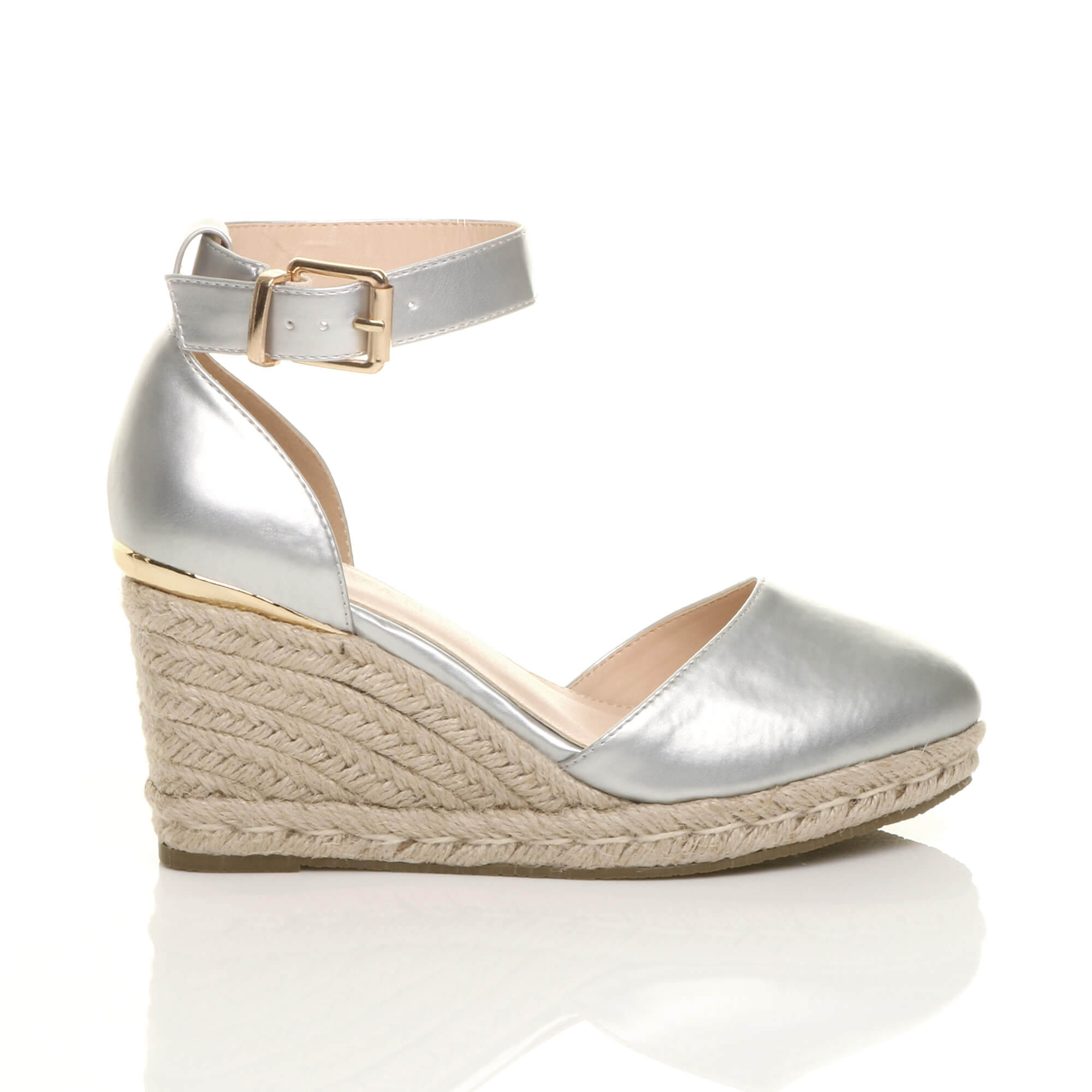 Silver AJVANI Silver Mid Wedge Heel Ankle Strap Espadrille Sandals, Image 2 of 6