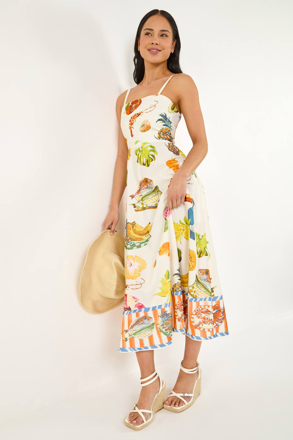 Roman Petite Women's Ivory Fruit Print Strappy Midi Dress Size 10