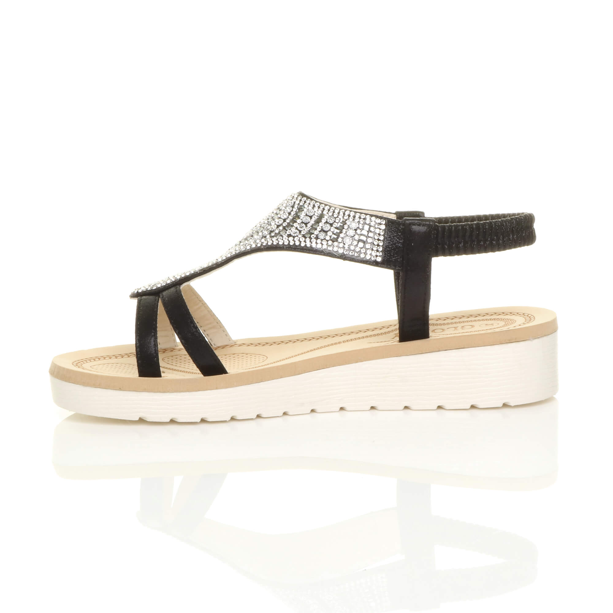 Black AJVANI Black Flatform Diamante T-Bar Slingback Sandals, Image 3 of 6