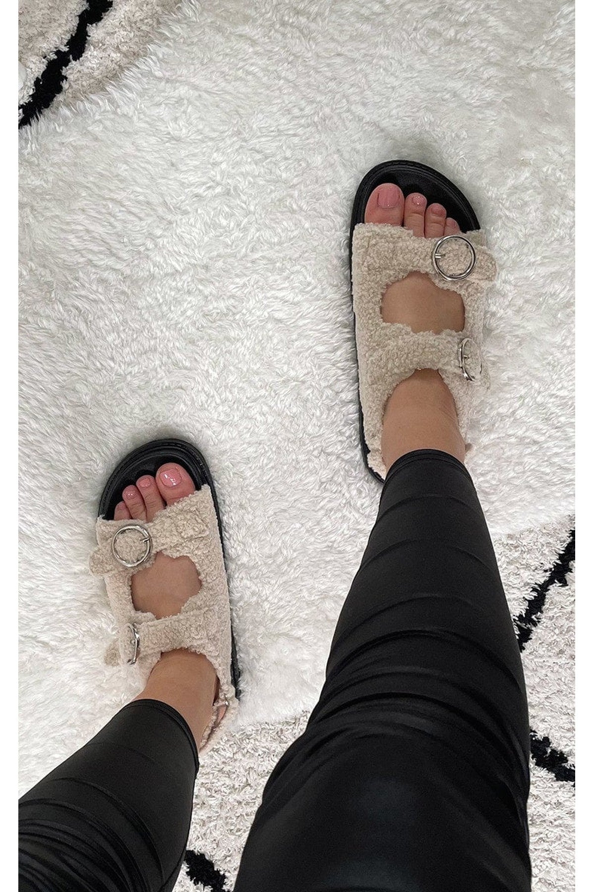 Black Zahra Faux Fur Double Buckle Sliders, Image 3 of 3