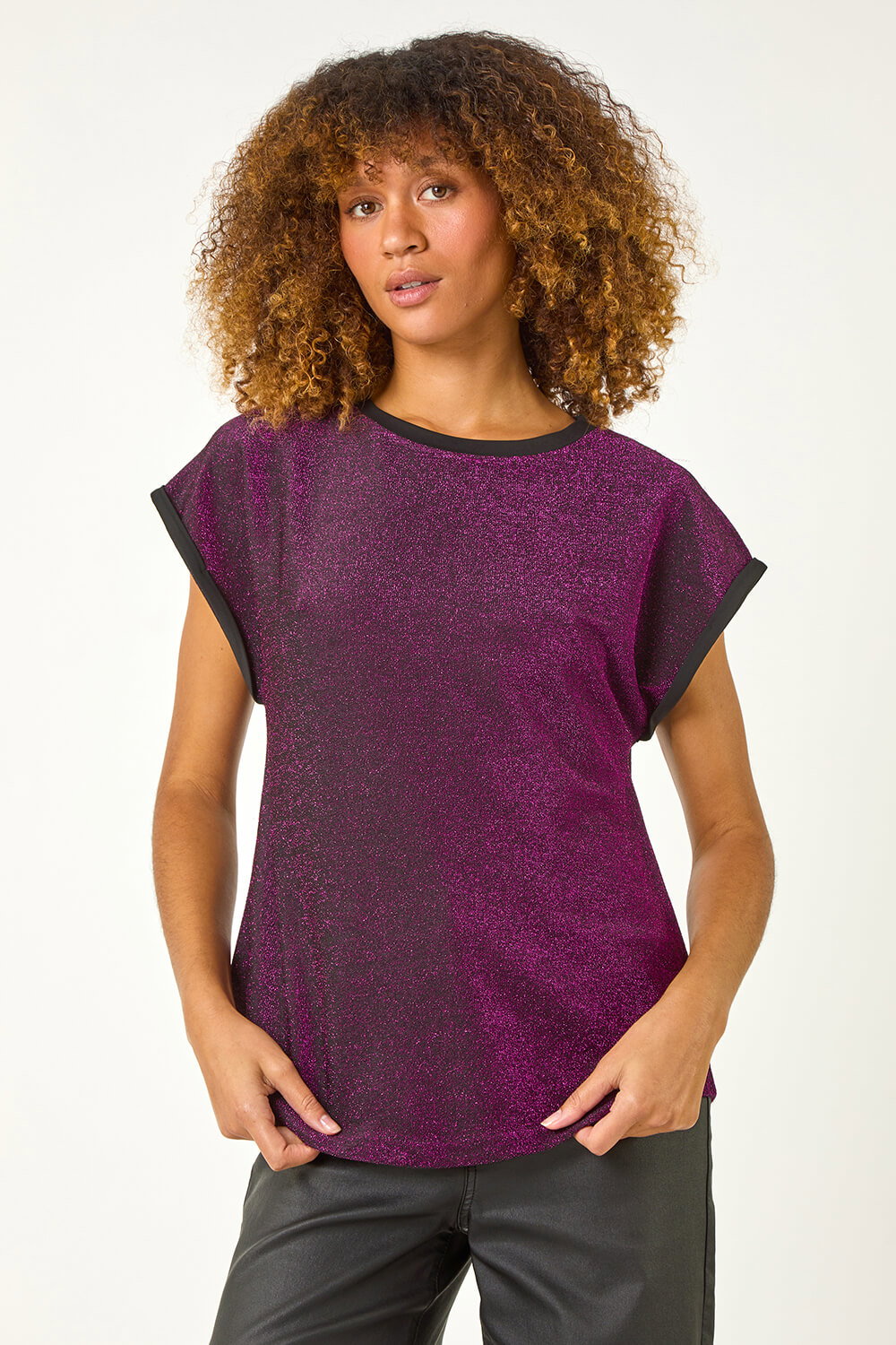 Purple Metallic Glitter Stretch T-Shirt, Image 1 of 5