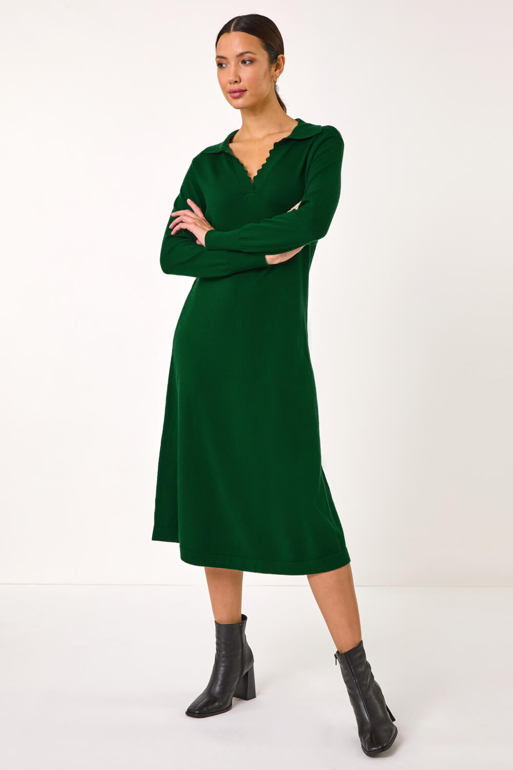 Dark Green Scallop Detail Knitted Midi Dress, Image 3 of 5