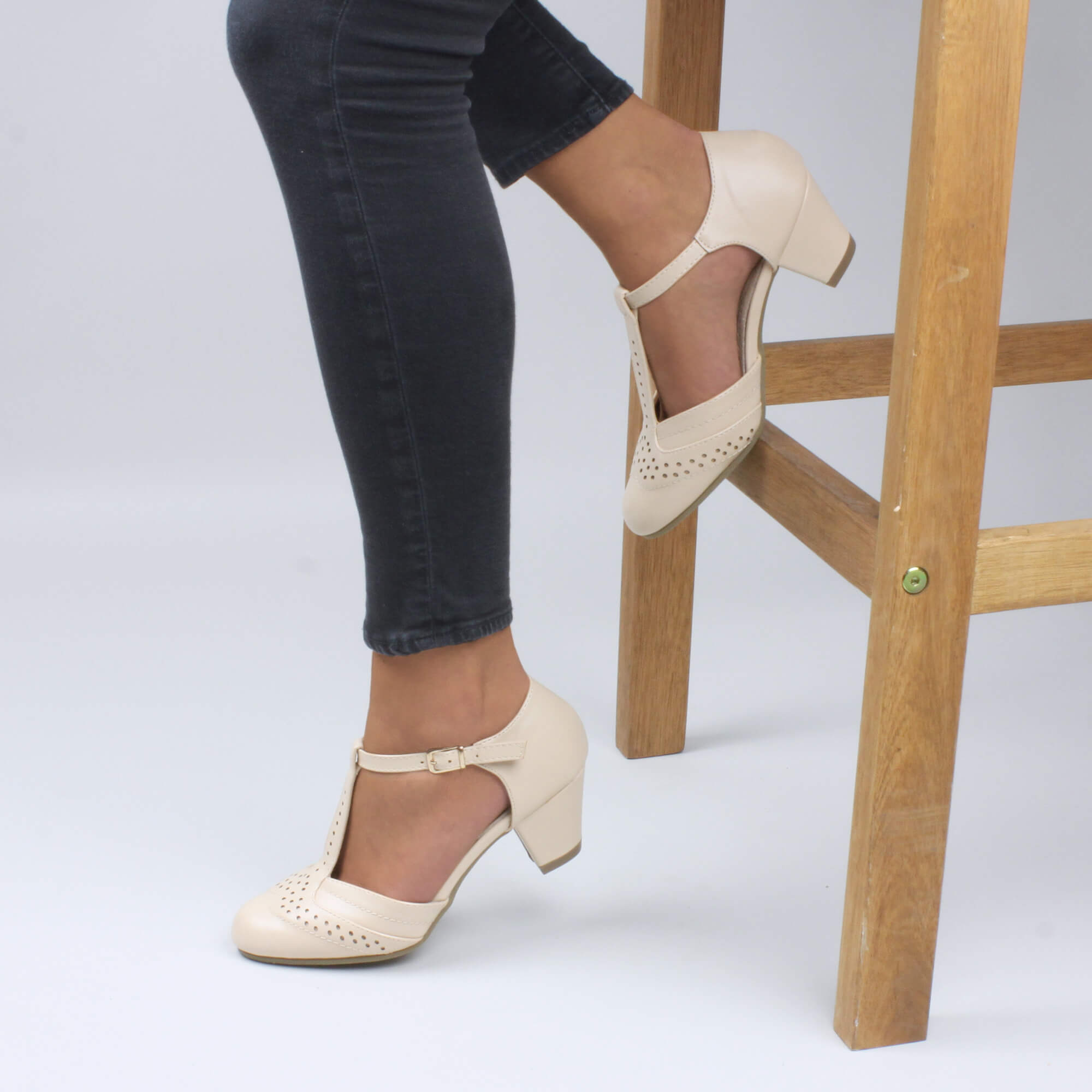 Natural Mid Heel Comfort T-Bar Brogue Heels, Image 5 of 6