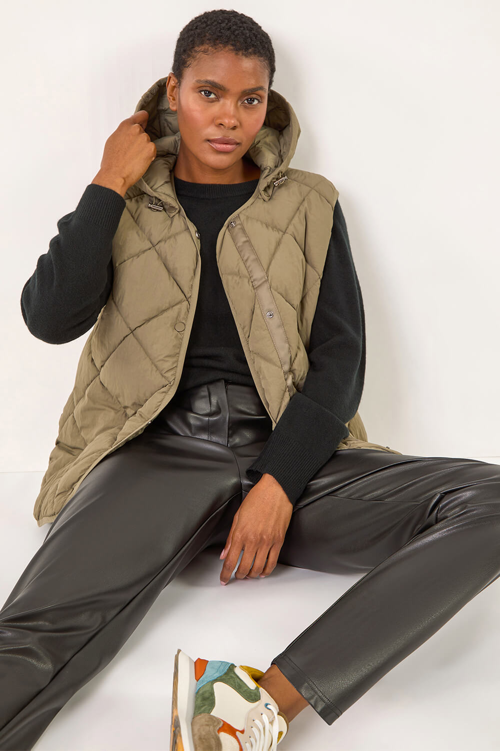 Khaki Hooded Quilt Gilet, Image 1 of 8