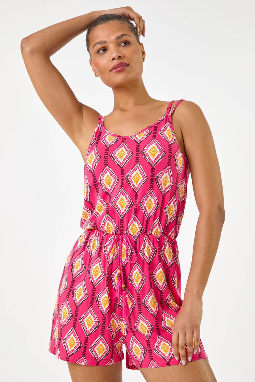 PINK Geometric Double Strap Playsuit, Image 3 of 5
