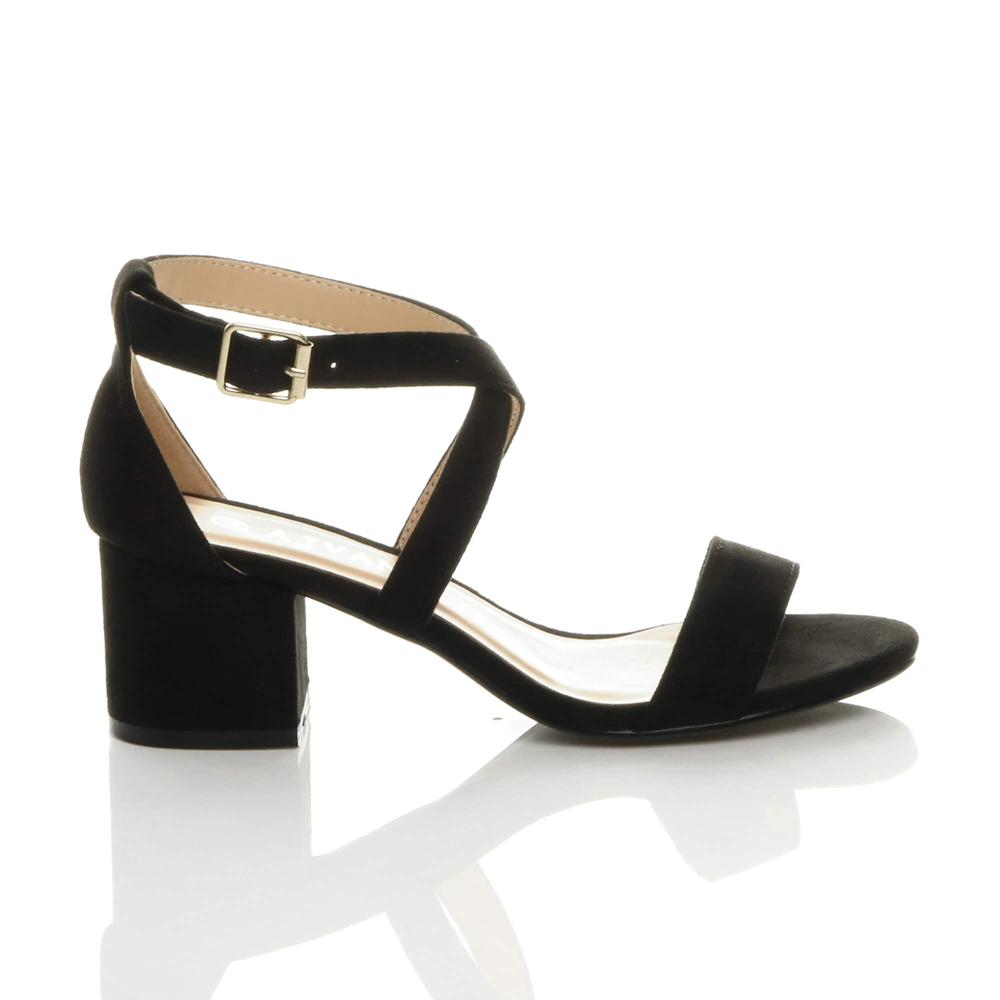 Black AJVANI Black Mid Block Heel Crossed Straps Sandals, Image 2 of 6