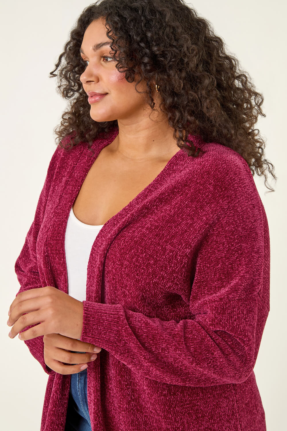 Red Curve Textured Chenille Knit Cardigan, Image 6 of 7