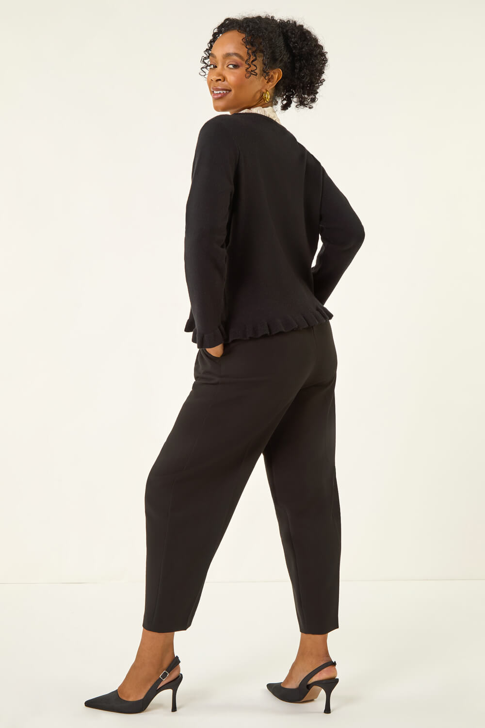 Black Petite Tie Neck Frill Hem Cardigan, Image 4 of 7