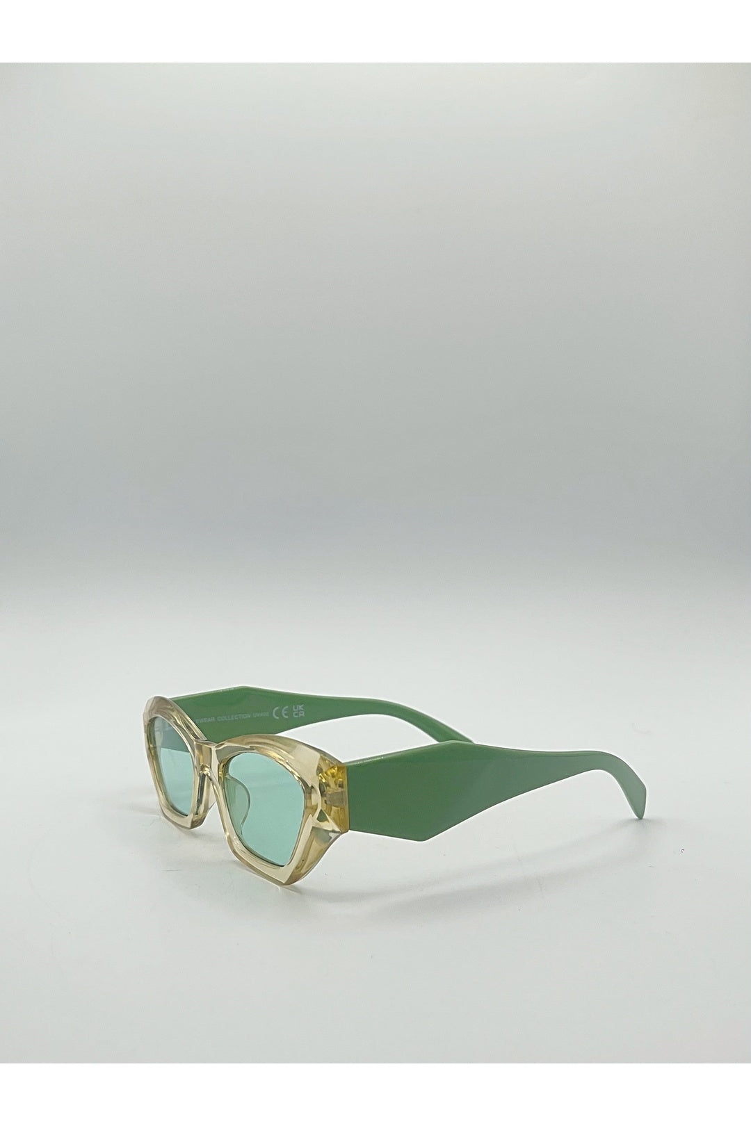 Green Angular Cat-Eye Sunglasses in Brown with Green Arms, Image 2 of 3