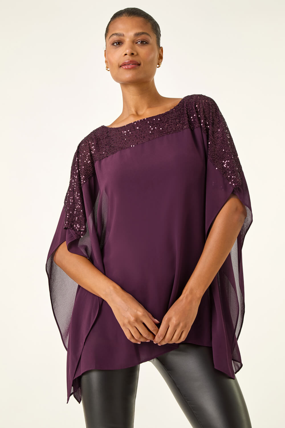 Plum Sequin Yoke Contrast Chiffon Top, Image 5 of 5