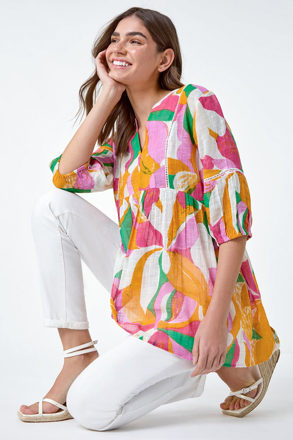 Orange Abstract Ladder Lace Cotton V-Neck Smock Top, Image 1 of 5