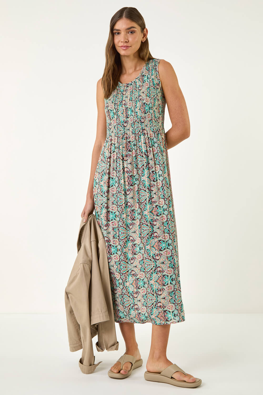 Blue Paisely Print Shirred Midi Dress , Image 3 of 5