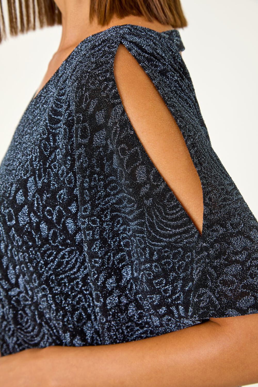 Midnight Blue Glitter Animal Print Banded Hem Stretch Top, Image 6 of 5