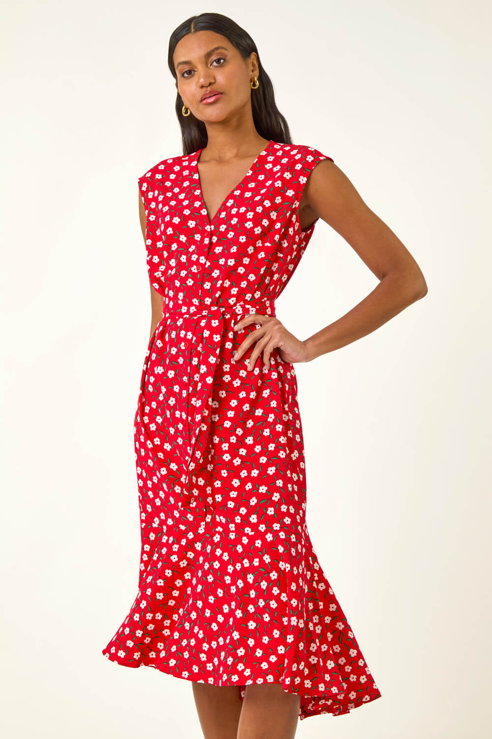 Red Floral Frill Buttoned Dress, Image 5 of 5