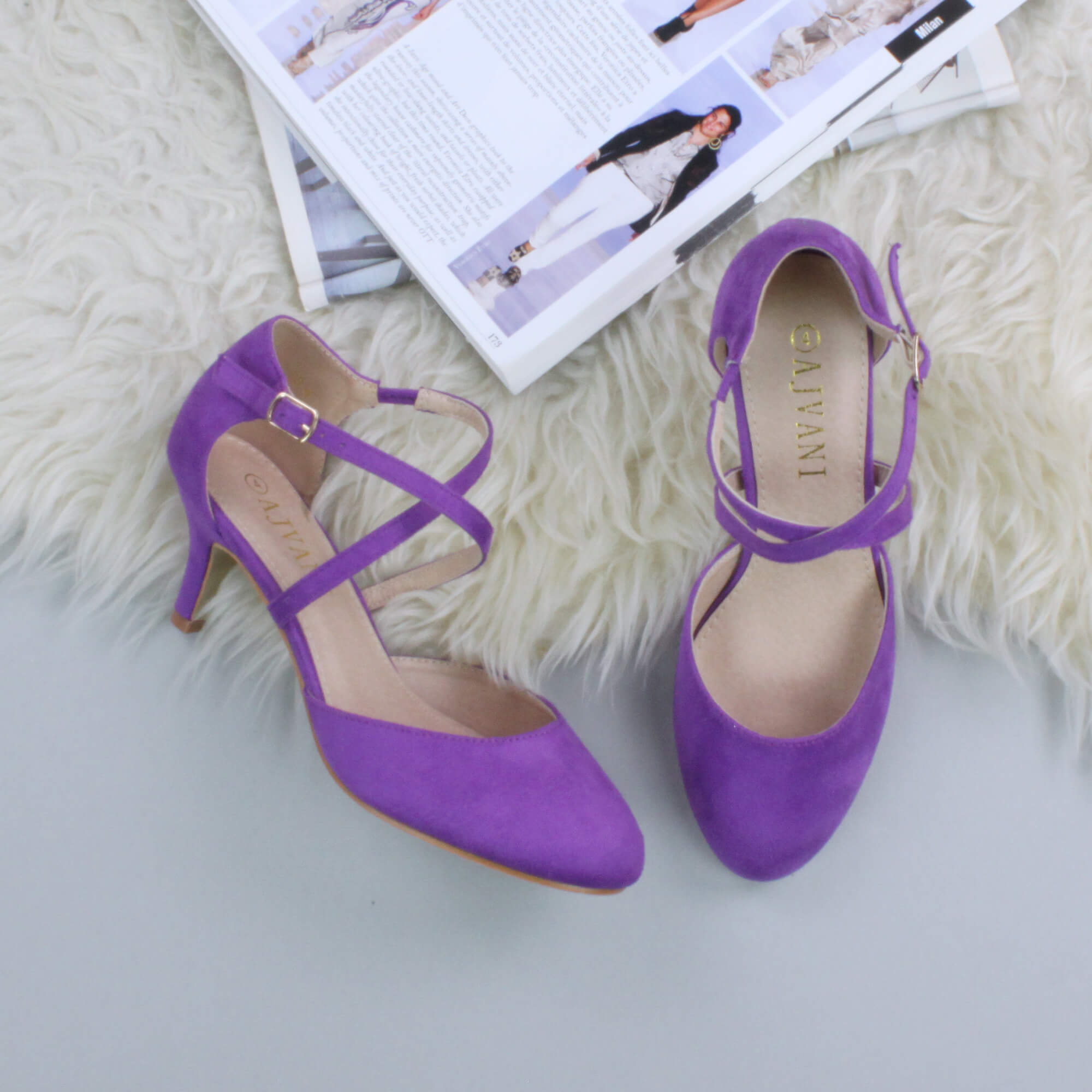 Purple AJVANI Purple Mid Heel Crossed Straps Court Shoes, Image 4 of 6