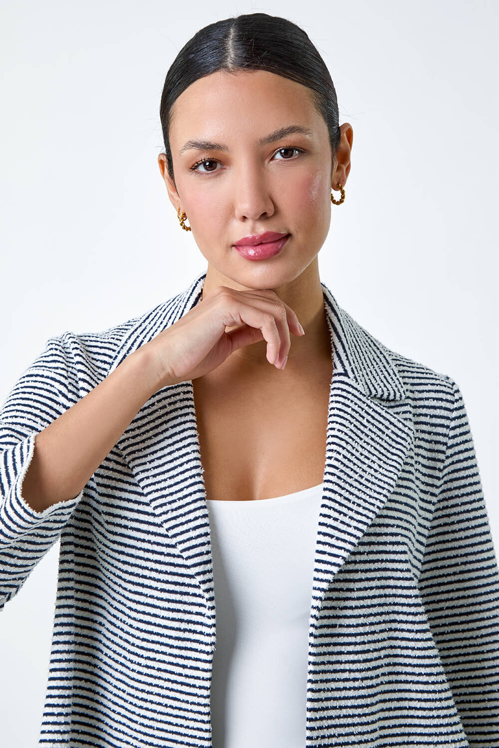 Black Stripe Textured 3/4 Sleeve Cotton Blend Jacket, Image 5 of 5