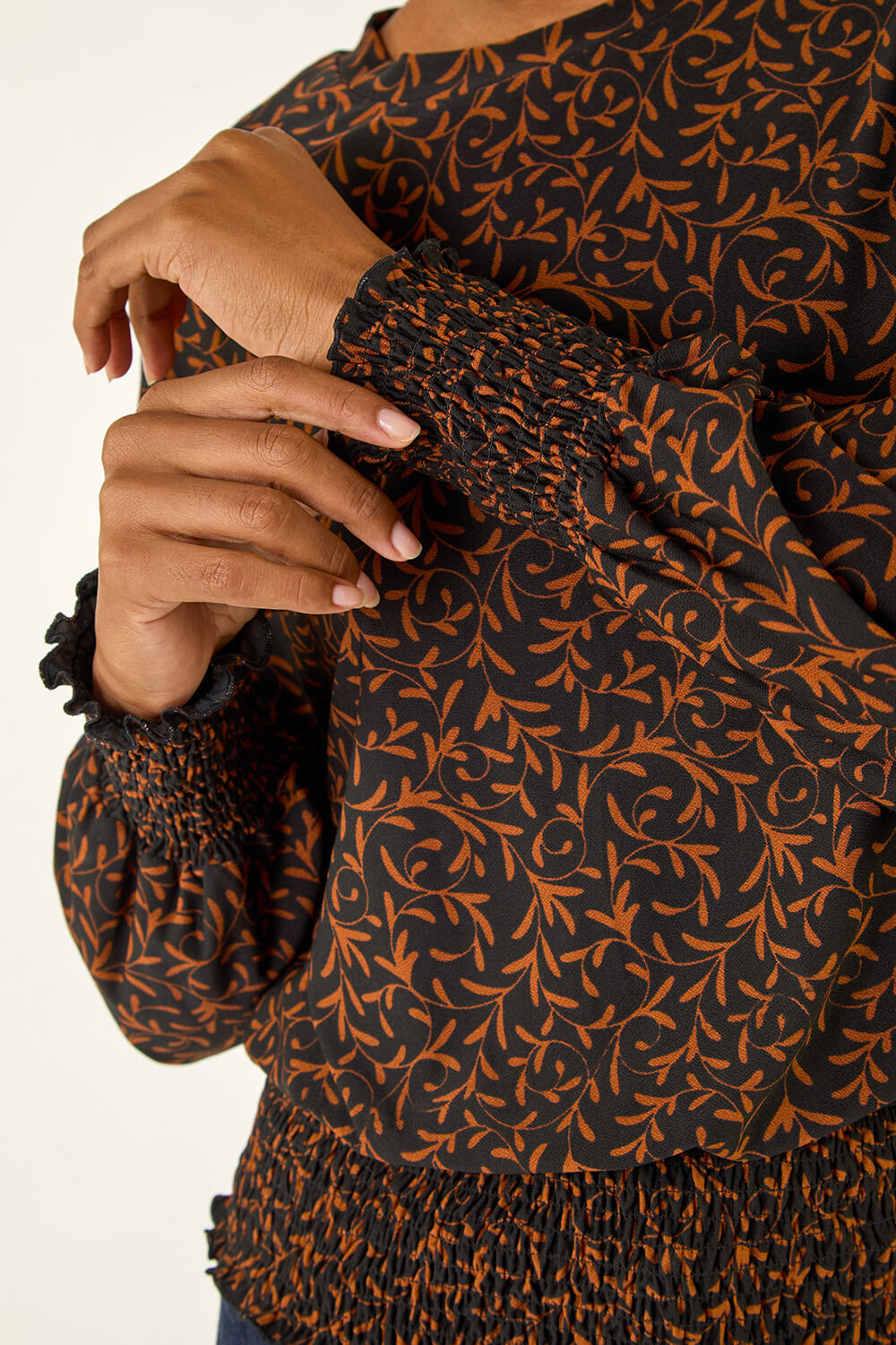Black Abstract Print Shirred Top, Image 6 of 5