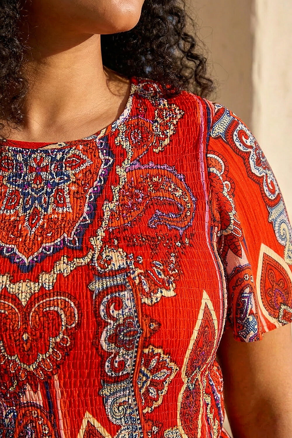 Red Curve Print Shirred Midi Dress, Image 5 of 4