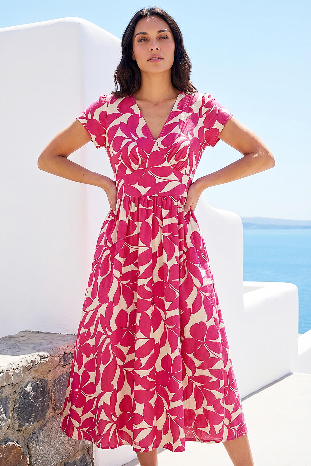 Fuchsia Leaf Print V-Neck Midi Dress | Roman UK