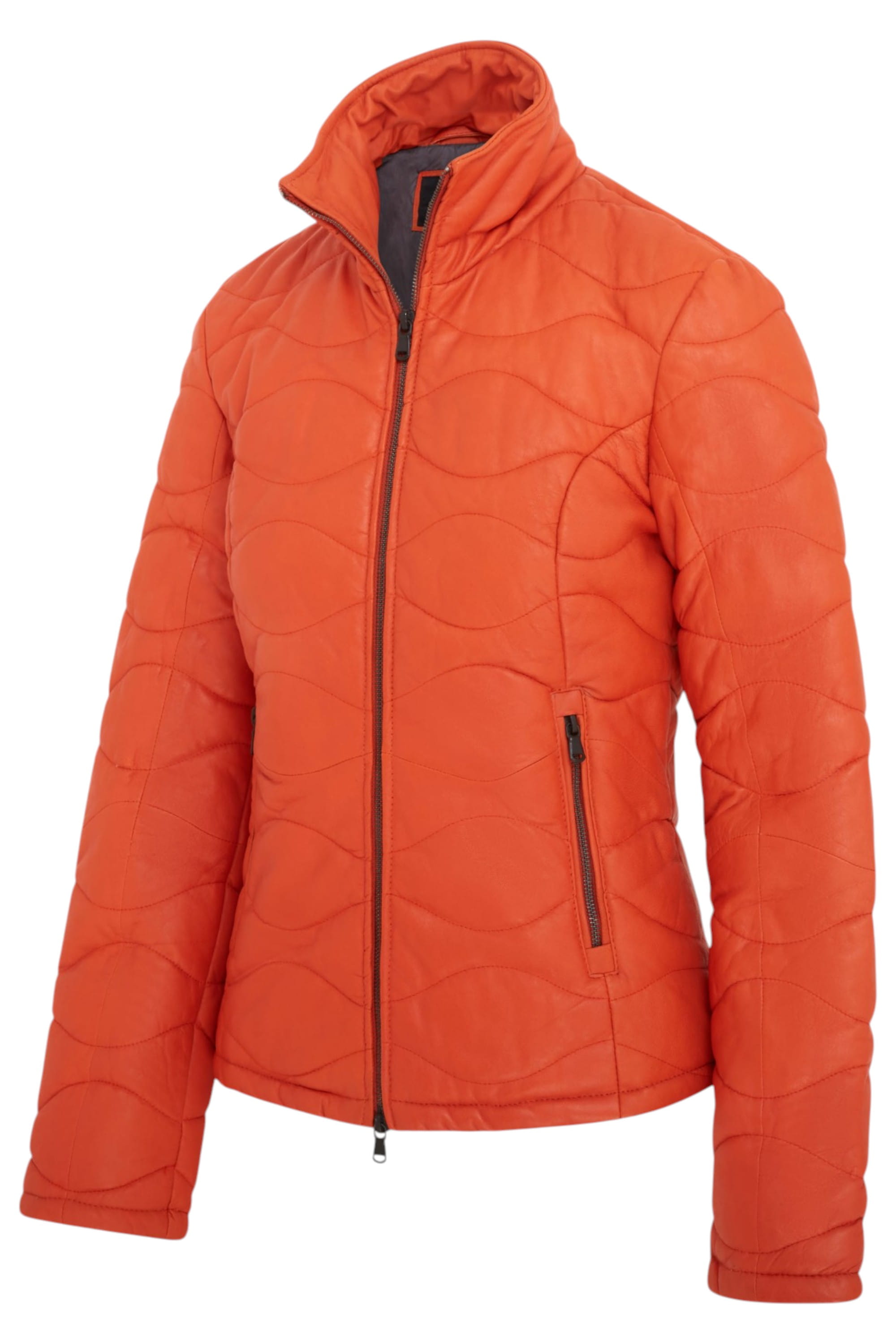 Orange Infinity Leather Orange Puffer Quilted Bomber Leather Jacket, Image 2 of 7