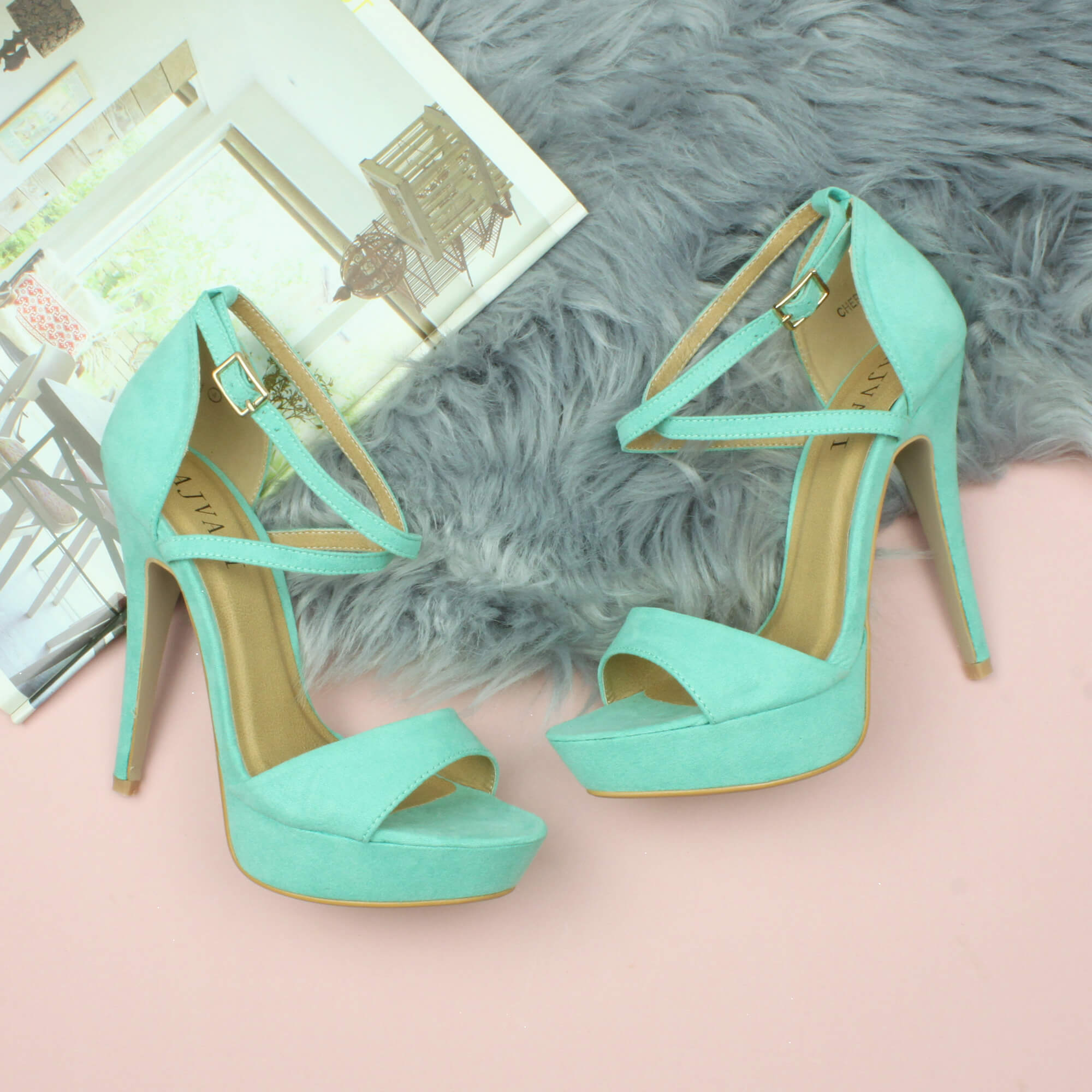 Mint AJVANI Mint High Heel Crossed Straps Platform Sandals, Image 4 of 6