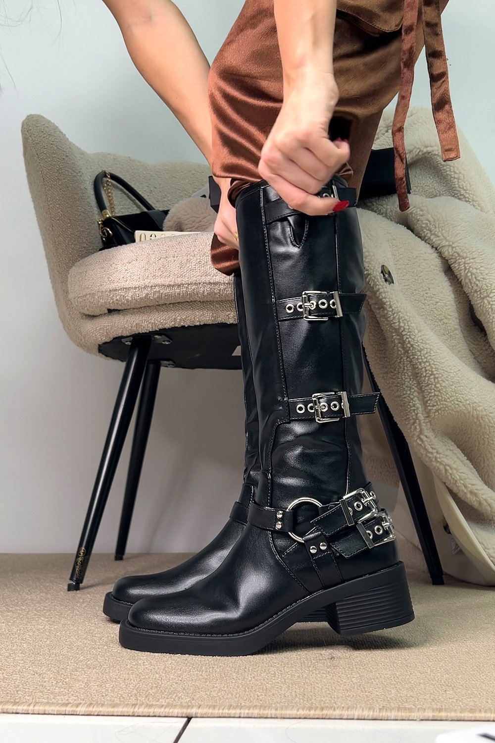 Black 'Cobra' Harness Square toe Knee High Biker Boots, Image 7 of 7