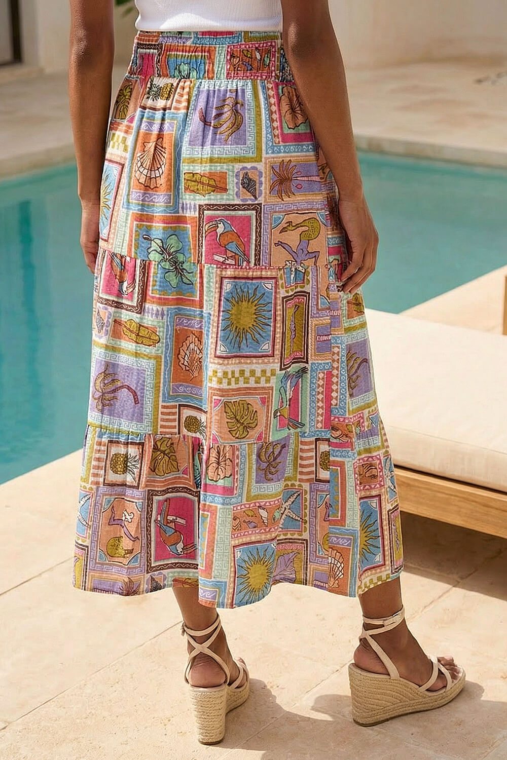 PINK Petite Patchwork Print Shirred Midi Skirt, Image 4 of 4