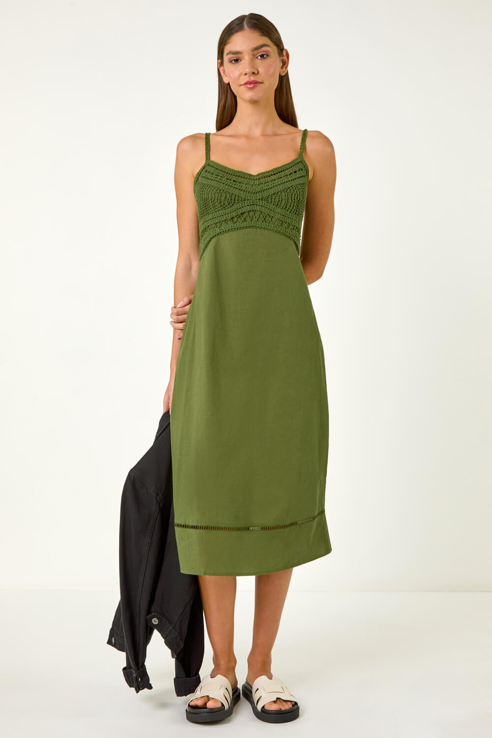 KHAKI Lace Panel Strappy Midi Dress, Image 3 of 5