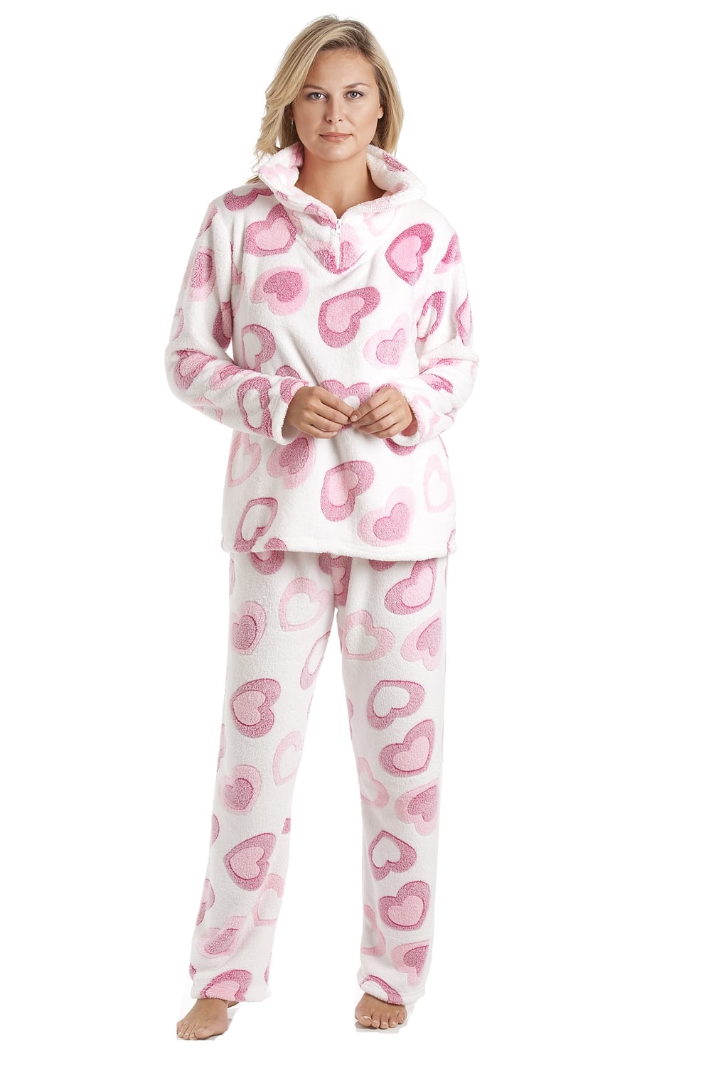 White Supersoft Heart Print Fleece Pyjama Set