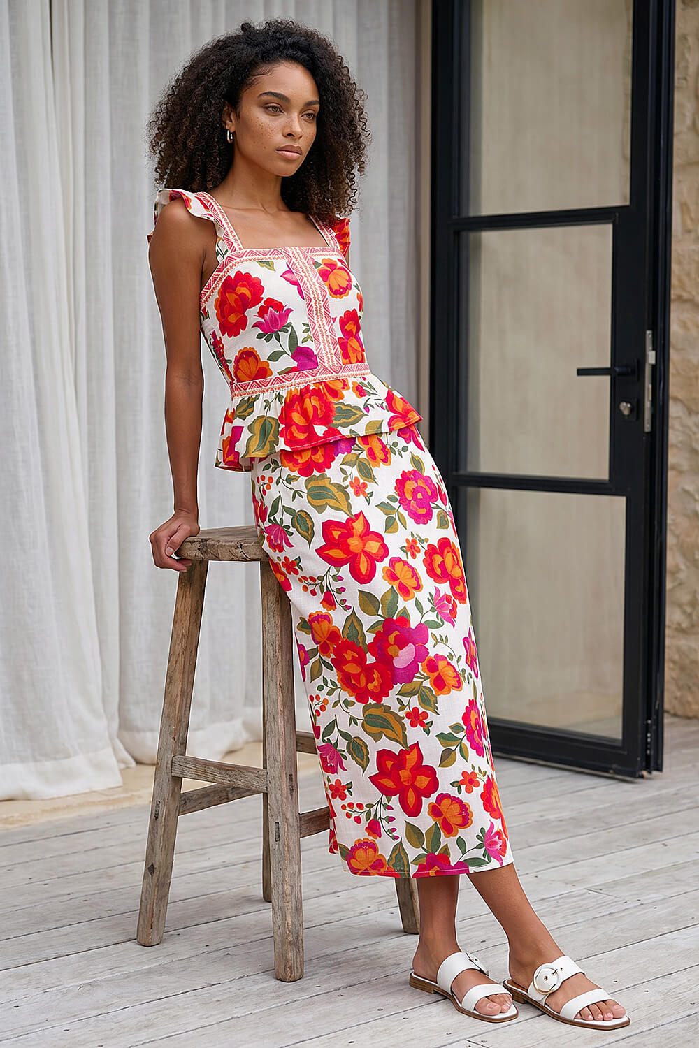 Orange Dusk Floral Print A-Line Midi Skirt, Image 5 of 5