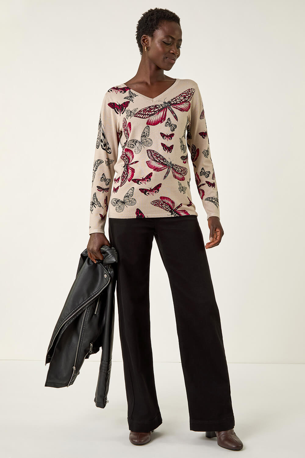 Grey Butterfly V-Neck Knit Jumper, Image 4 of 5