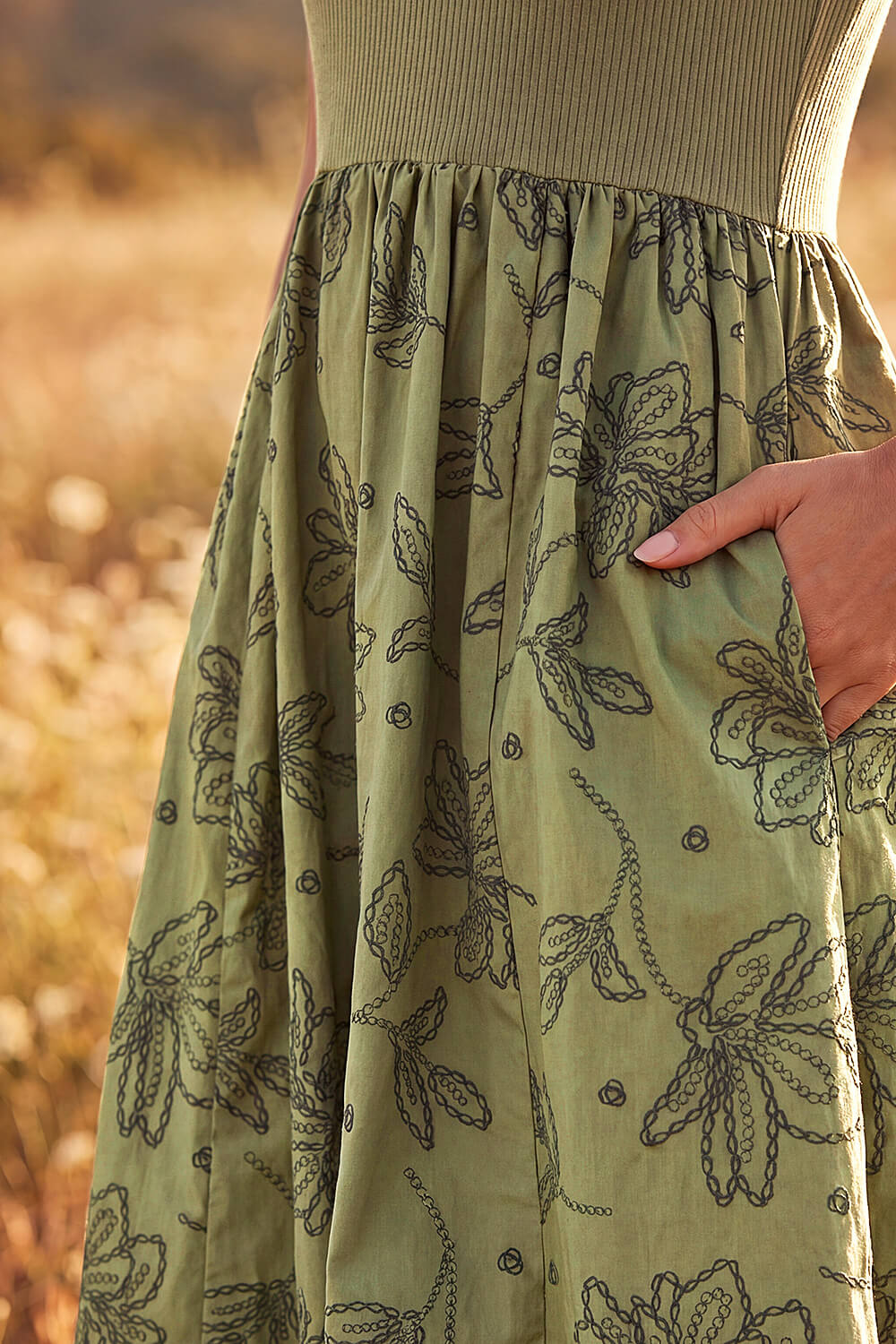 Khaki Floral Print Pocket Midi Dress , Image 5 of 4
