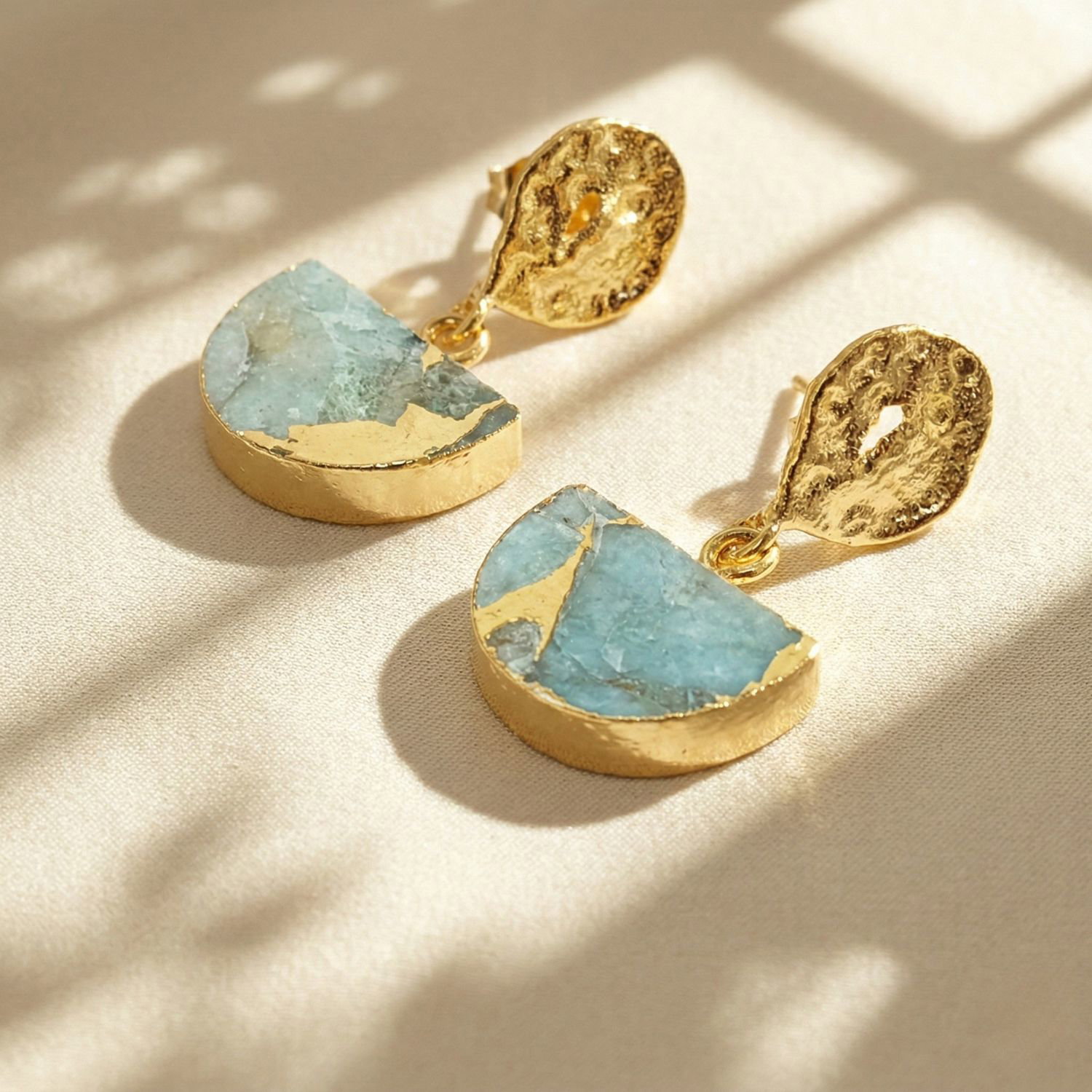 Gold Aquamarine March Birthstone Statement Hammered Earrings, Image 1 of 2