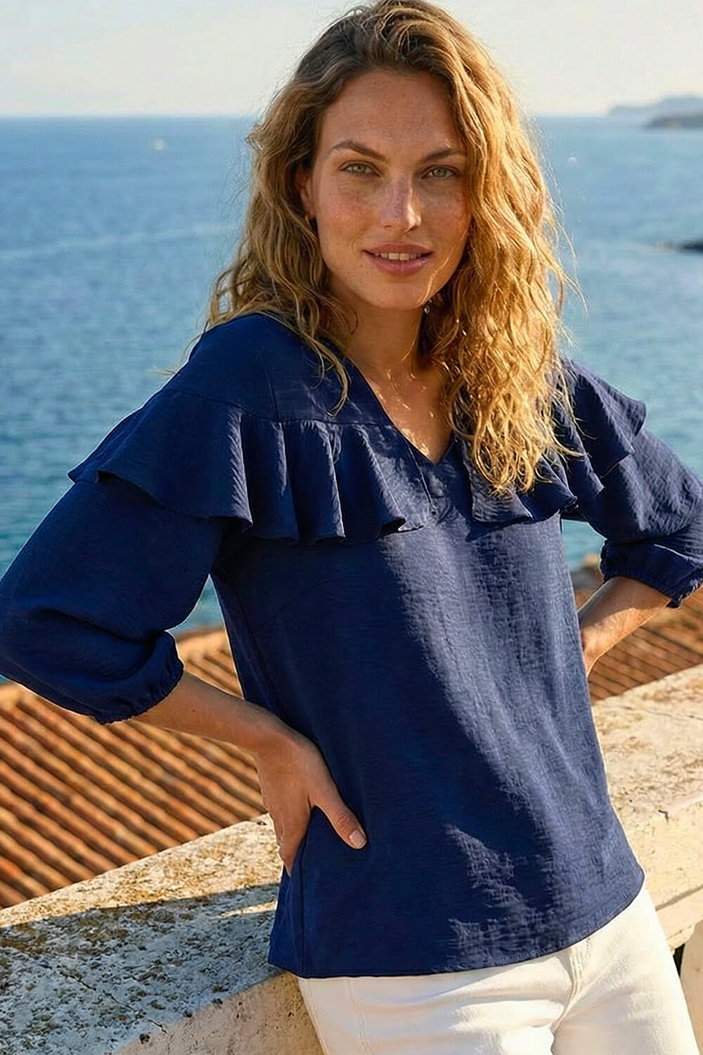 Navy  Frill Front Woven Top, Image 1 of 5