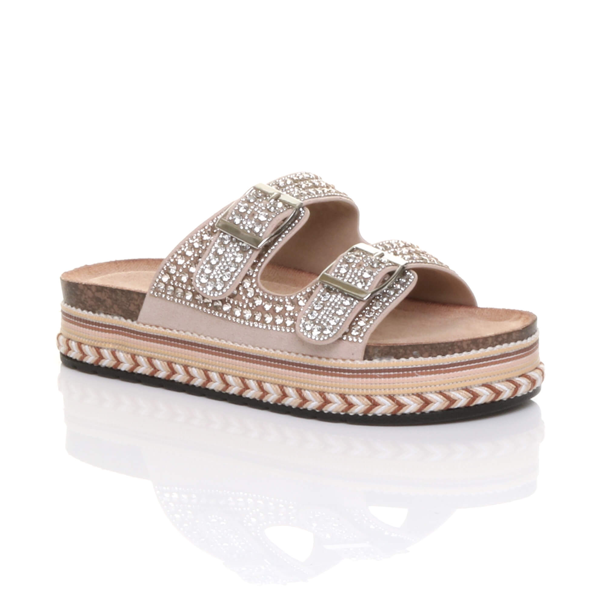 Pink Platform Chunky Sole Diamante Buckle Footbed Sandals