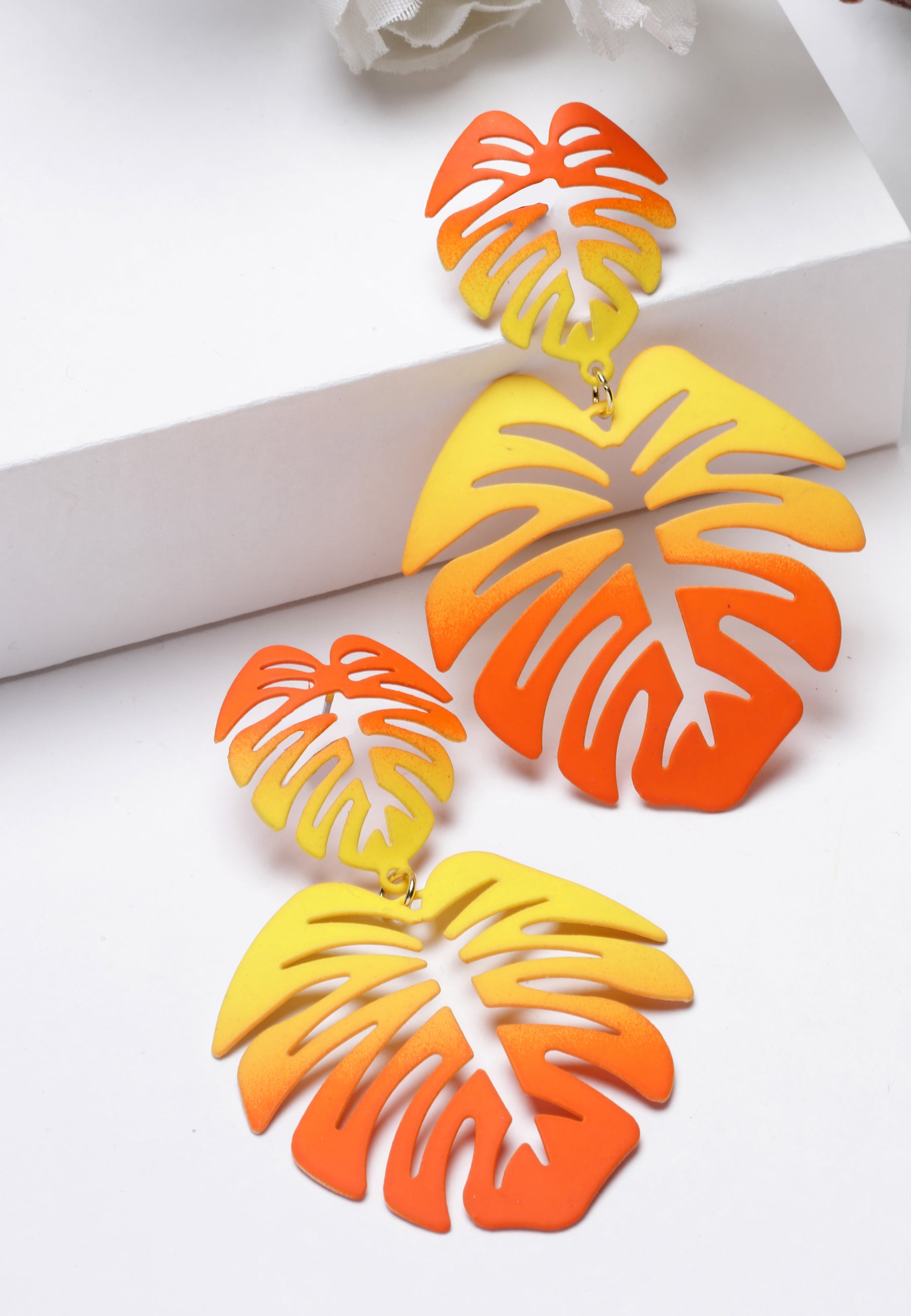 Orange AVANT-GARDE PARIS Orange Green Palm Leaf Dangle Earrings, Image 2 of 5