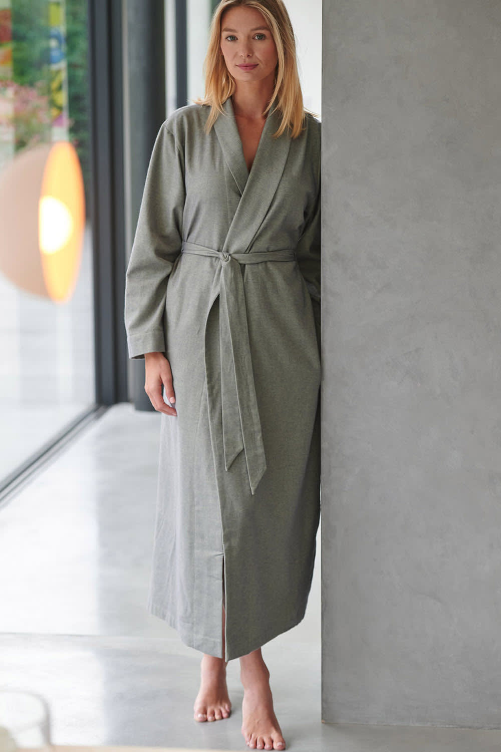 Pale Green British Boxers Pale Green "Orkney" Herringbone Brushed Cotton Dressing Gown, Image 2 of 3
