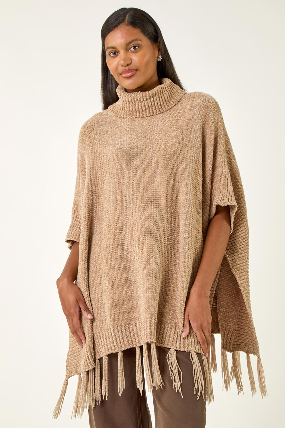 Natural Tassel Trim Knit Poncho, Image 1 of 5