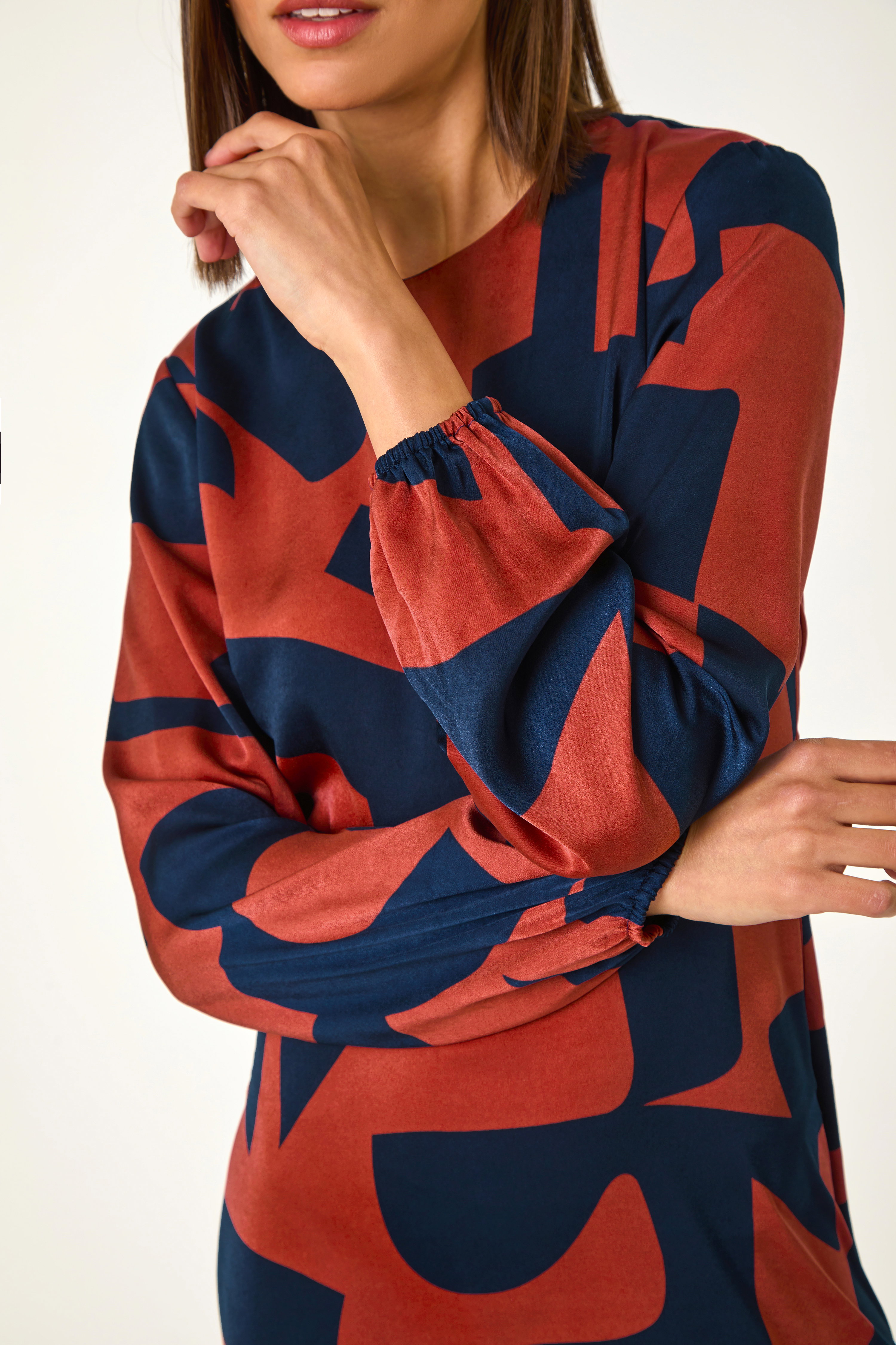 Rust Geometric Colour Block Print Midi Dress, Image 6 of 5