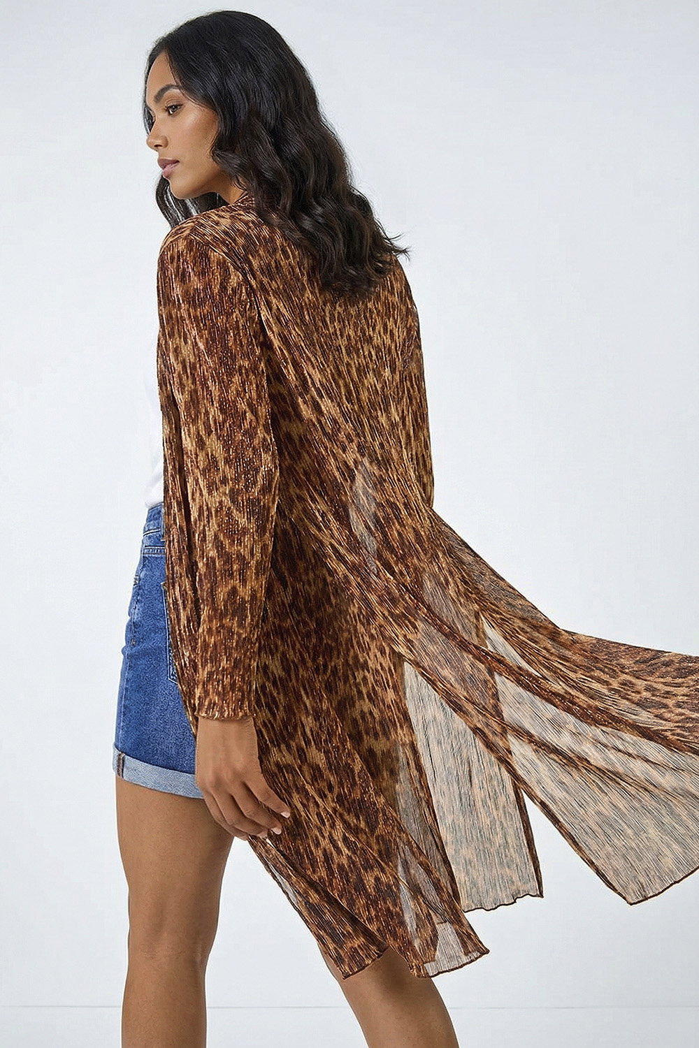 Tan Metallic Animal Print Plisse Kimono, Image 3 of 5