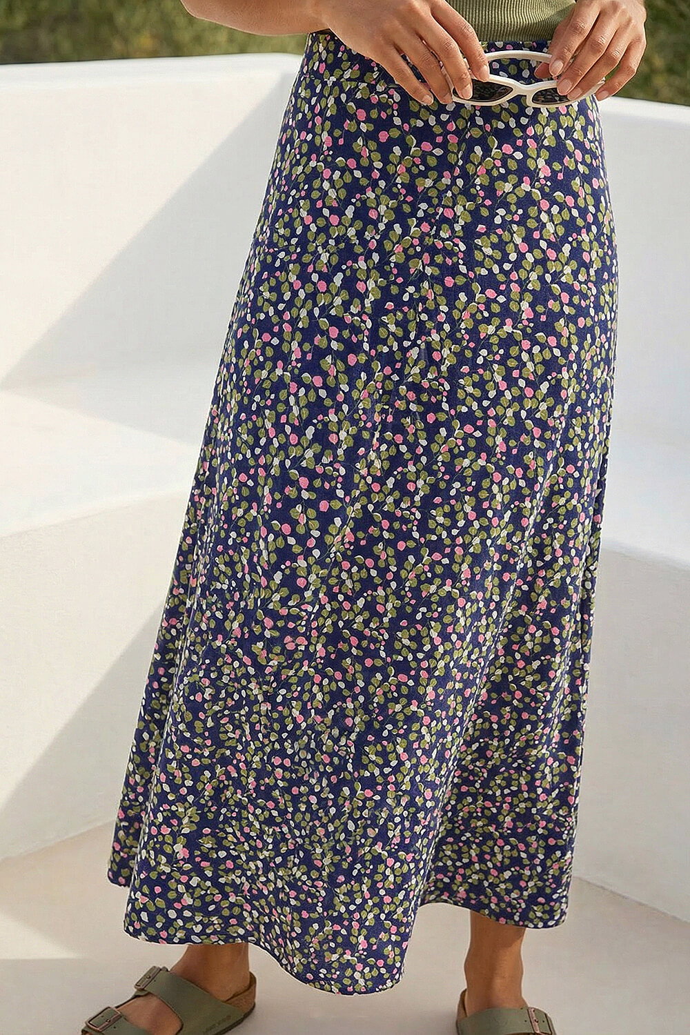 Navy  Leaf Print Stretch Midi Skirt, Image 5 of 4