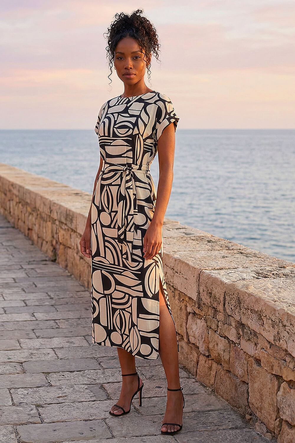 Ivory Geometric Textured Midi Dress | Roman UK