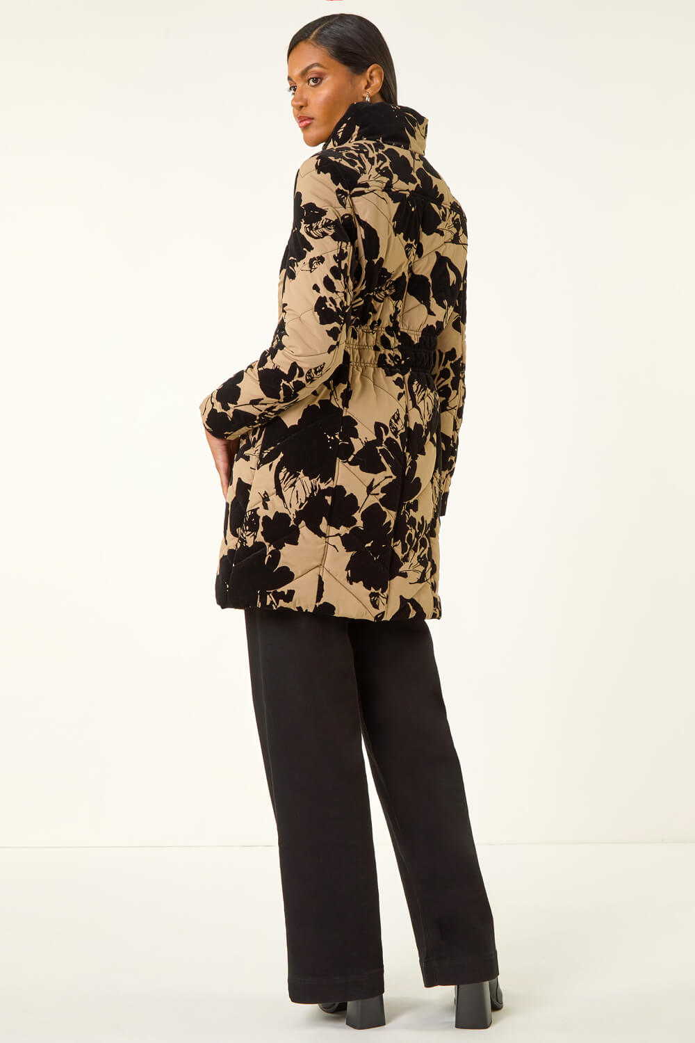 Cream Floral Flock Detail Padded Coat, Image 4 of 5