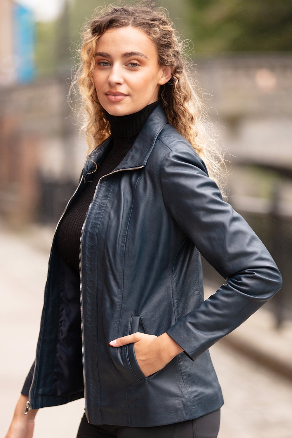 Navy Casual Leather Jacket with Classic Collar, Image 1 of 5